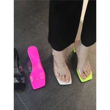 小池在首爾2023春夏新款方頭一字水晶帶高跟復古街拍漏趾涼拖鞋潮