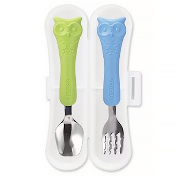 Edison 愛迪生 不鏽鋼湯叉盒 2歲以上適用 鋸齒狀叉子  貓頭鷹 藍色 + 綠色  湯匙*1+叉子*1+收納盒*1  1組