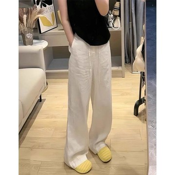 【MIMU】白色亞麻闊腿褲女 夏天長褲 冰絲寬褲 寬鬆垂感輕薄直筒褲 冰絲棉麻長褲 冰絲長褲 大尺碼長褲 休閒長褲 女裝
