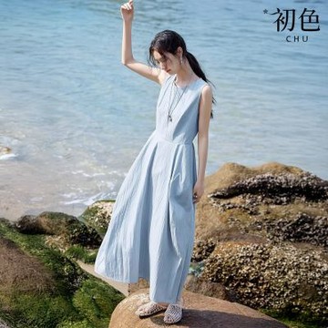 初色 棉麻風收腰顯瘦圓領無袖中長裙連衣裙連身洋裝長裙-灰藍色-19683(M-2XL可選)
