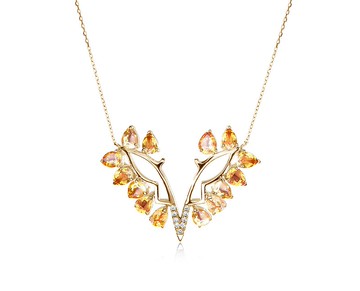 蝴蝶黃水晶 14k黃金鑽石項鍊 誕生石錦簇水滴吊墜 翅膀梨形墜子