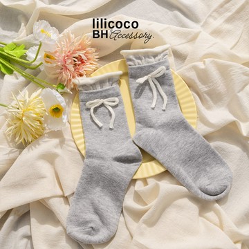 BYHUE lilicoco   學院風格紋拼接撞色蝴蝶結中筒襪－白