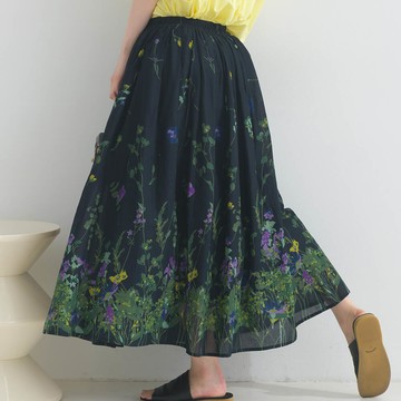 日本 Lupilien - 100%印度棉 清新印花柔軟長裙-花草-黑