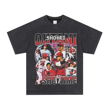 大谷翔平 Shohei Ohtani 美式水洗oversize短袖做舊落肩 歐美風 街頭復古 短袖t恤 男女同款嘻哈短袖