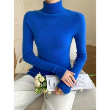 高領內搭打底衫針織衫毛衣堆堆領T恤新款秋冬女長袖克萊因藍上衣