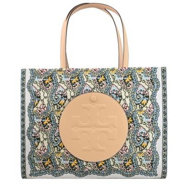 TORY BURCH 品牌LOGO復古圖騰尼龍托特包(淺褐邊-小款)