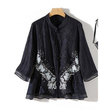 國風雙層刺繡香云紗小衫短上衣女民族風喬其紗混紡蕾絲衫立領襯衫