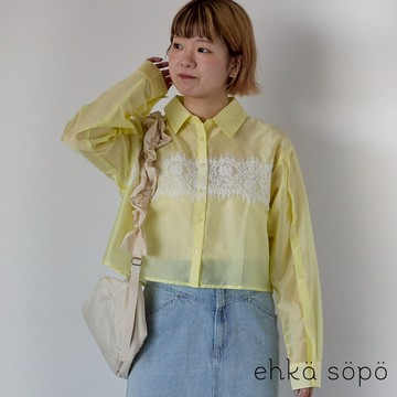 ehka sopo 透明感蕾絲拼接短版長袖襯衫(0F000710310)