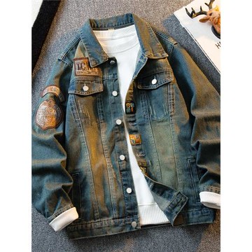 HPCP徽章貼布刺繡牛仔外套男春秋潮牌痞帥街頭翻領復古牛仔衣夾克