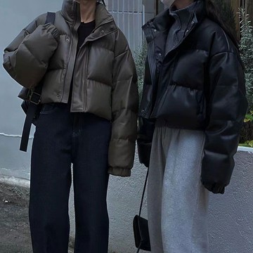 【 𝑭𝒍𝒐𝒘𝒆𝒓𝒔𝒆𝒂】韓國 復古 冬季保暖 寬鬆棉服 PU皮 高級感 立領 加厚 短版棉服 羽绒服 女裝外套