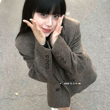 高級感復古咖色毛呢西裝外套女冬季小眾氣質寬松休閑加厚呢子大衣 鑫弘-素時衣櫥