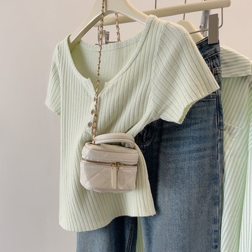 衣時尚 針織上衣 短袖T卹 毛線衣 新款冰絲針織短袖氣質修身顯瘦短上衣小個子打底體卹-5426.