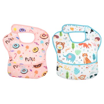 PUKU 藍色企鵝 MyColor幼兒防水口袋圍兜 Set 2入 內外防滲隔離油水 立體接食袋  動物白 + 甜點粉  1組