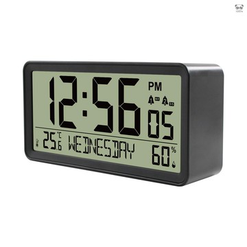LCD數字鬧鐘 電池供電的桌面電子鐘 溫溼度儀表 日期 背光 貪睡功能 雙鬧鈴 黑色 EM1354B 出貨不帶電池