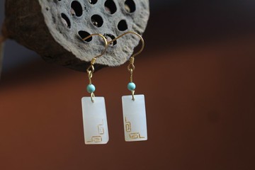 【回紋耳墜】天然和田玉 復古回紋 S925銀渡金耳墜耳飾中國風