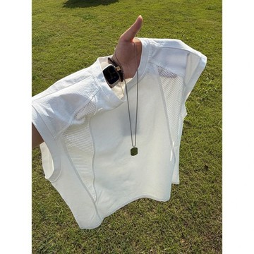白色解構網眼速乾坎肩背心 男生 夏季 薄款高級感美式健身運動鏤空無袖T恤 6L36