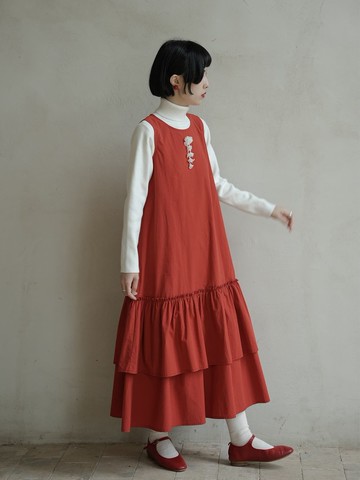 復古紅 無袖圓領洋裝 下襬微褶荷葉邊小個子寬鬆長裙