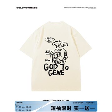 GTG原創美式復古小狗插畫設計圓領短袖男春季純棉oversize半袖T恤