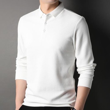 春秋季休閑男士翻領純色桑蠶絲長袖t恤華夫格polo衫男裝棉體恤潮