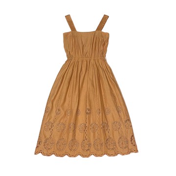 褐色肩帶背心鏤空蕾絲洋裝