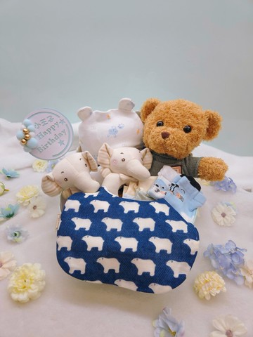 深藍北極熊搖籃滿月禮/彌月禮盒/生日/新生兒/送禮/口水巾