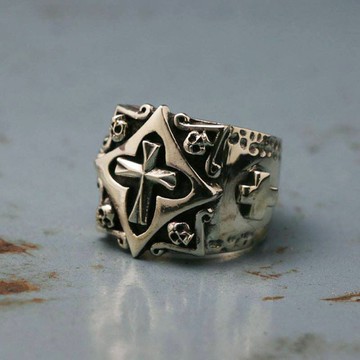 老式墨西哥騎自行車的人戒指頭骨交叉基督耶穌純銀男子搖桿