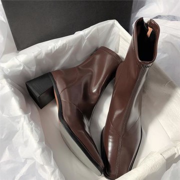 森嶼海巷 好穿不撞款方頭粗跟后拉鏈彈力瘦瘦靴高跟工作靴短靴女