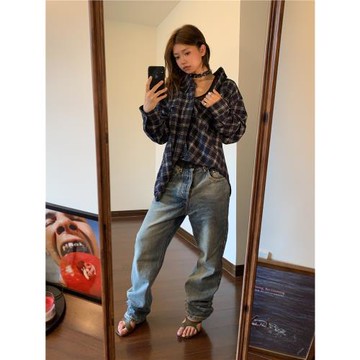 OGSAIL潮流復古水洗藍做舊牛仔闊腿百搭寬松休閑直筒長褲男女情侶