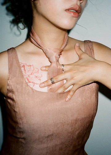 深橙色天絲麻打呔連身裙