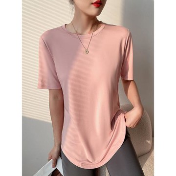 冰絲中長款短袖t恤女夏季2024新款寬松大碼下擺弧形遮屁股上衣潮