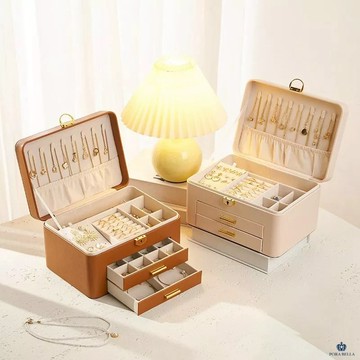 【Porabella】質感皮革首飾盒 輕奢感大容量三層首飾盒 飾品收納盒 絨布盒飾品盒 戒指項鍊耳環耳夾收納-廠商直送