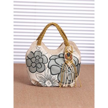 民族風新款棉麻布包花卉休閑文藝手提拎包拉鏈袋輕便包帆布袋女包