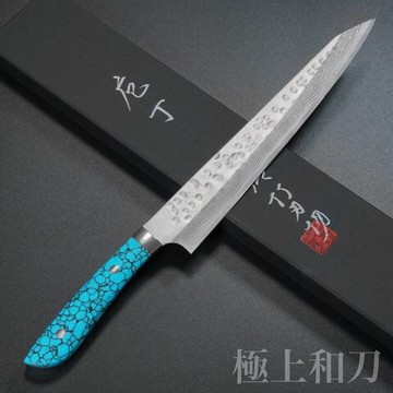 佐治武士 切付筋引  菜刀 肉刀刀 270mm SRS13 粉末鋼 槌目大馬士革紋 人造藍土耳其石刀柄 【極上和刀】【日本高品質菜刀】【領券滿額再折千8/31止】