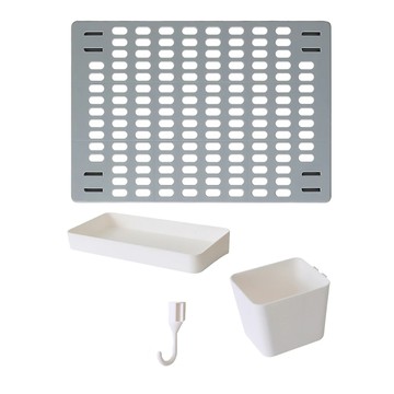 免打孔家用洞洞板置物架8件組 PS材質 洞洞板42x30cm 置物盤20x10x3cm 收納盒10x8x8cm  灰色 + 白色  1組