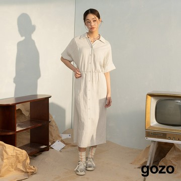 【gozo】涼感肌理開襟襯衫洋裝(淺灰/深藍_F) | 女裝 修身 涼爽