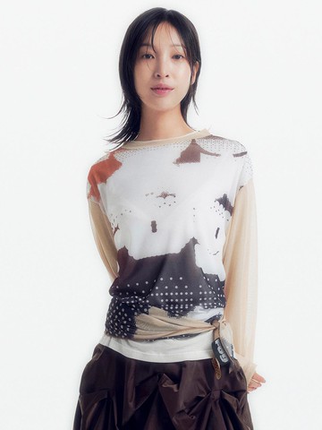 Layered Mesh Standard Fit T-shirt [Beige]