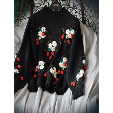 自留！手工勾花針織毛衣寬松可愛草莓慵懶黑色長袖套頭24年秋冬新
