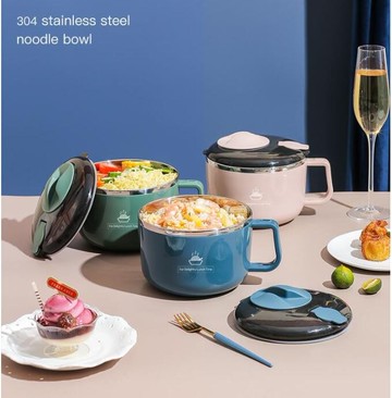 日本風泡麵碗,304不銹鋼帶蓋,可放置餐具帶手機架,便當盒餐盒加大保溫,雙層中空隔熱防燙,可放兩塊麵-1300ml