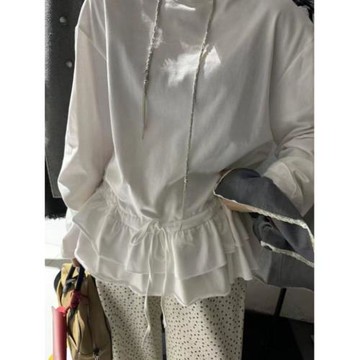 歐貨200斤大碼上衣秋冬新款抽繩收腰荷葉邊純色凈版百搭長袖T恤