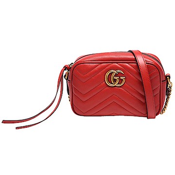 GUCCI 古馳 GG Marmont系列仿舊金色G LOGO山字車紋拉鍊肩背包(迷你_芙蓉紅)