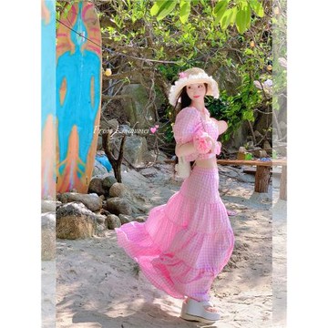 (免運)林初美 粉色格子半身套裝裙女夏日絕美泡泡袖短款上衣裙子倆件套