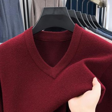 (免運)2025蛇年秋冬季男士V領100純羊毛紅色毛衣爸爸裝本命年上衣打底衫