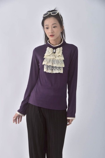 (M) 高領蕾絲紫色長袖上衣