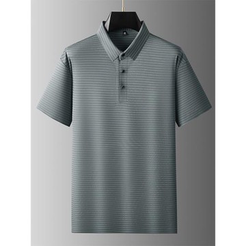 2025夏季冰絲條紋短袖t恤男加肥加大碼寬松胖子肥佬翻領polo衫薄