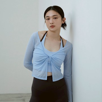 開襟扭結微透罩衫-Blue