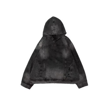 美式高街連帽牛仔衛衣男秋季潮牌休閑水洗做舊高級感痞帥工裝外套
