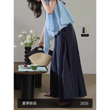 綠色肌理垂感休閑褲子女2025夏季新款藏藍色慵懶直筒闊腿長褲