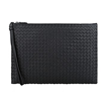 BV BOTTEGA VENETA 寶緹嘉 編織LOGO設計羊皮拉鍊手拿包(黑)