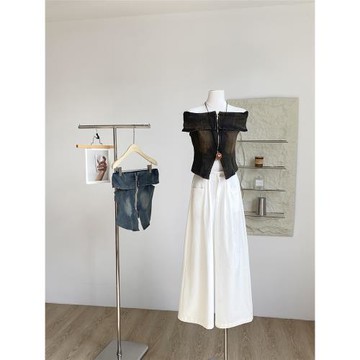 美式復古辣妹做舊水洗牛仔拉鏈抹胸女2025夏季新款開叉收腰上衣潮