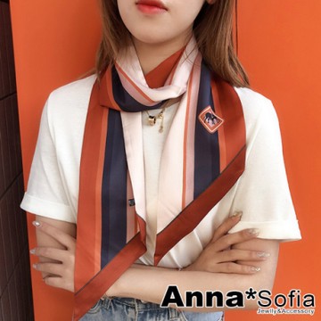 AnnaSofia 條紋象影斜角 窄版緞面仿絲領巾絲巾圍巾(橘咖系)